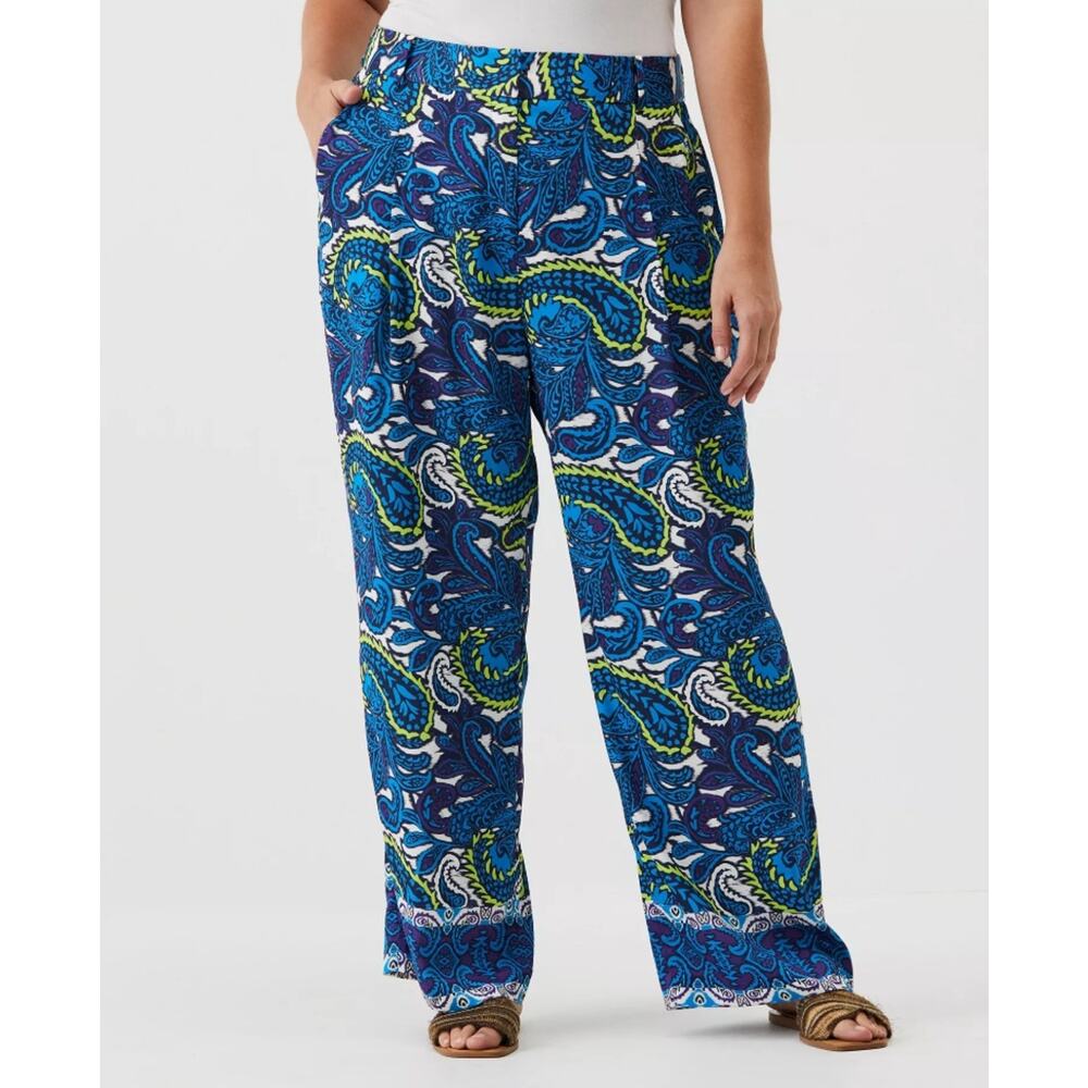 ELLA Rafaella Women Blue Paisley Satin High Rise Wide Leg Pants Plus Size 18W